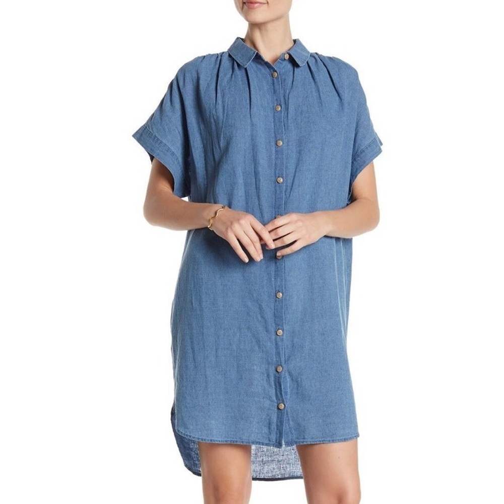 Madewell Central Linen Blend Chambray Denim Short Sleeve Button Down Shirt Dress
